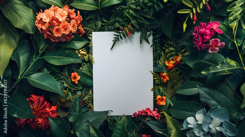 White paper surrounded by a nature setting with vibrant flowers and leafy branches with copy space for text White paper surrounded by a nature setting with vibrant flowers and leafy branches with copy space for text