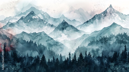 Abstract watercolor and ink illustration of misty mountains with forest, vintage color tone, highly detailed, vector art style, high resolution, detailed texture, isolated on white background, simple photo