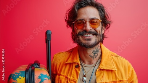 Stylish man with tattoo, glasses, and colorful luggage, holding a microphone and smiling confidently