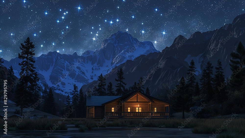 Fototapeta premium Cozy Cabin Illuminated Under a Starry Sky with Majestic Mountain Backdrop