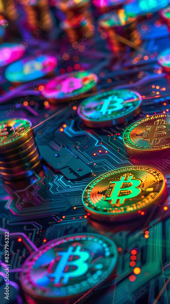 Glowing Bitcoin coins standing on a vibrant, multicolored circuit board, symbolizing digital currency and technology.