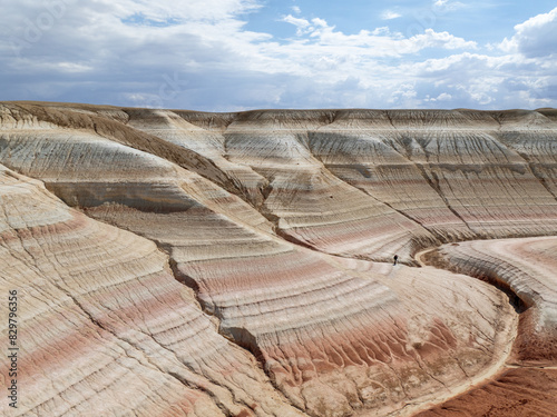 Kyzylkup Tract in Kazakhstan. The white layers are composed of chalk, while the red ones contain iron. photo