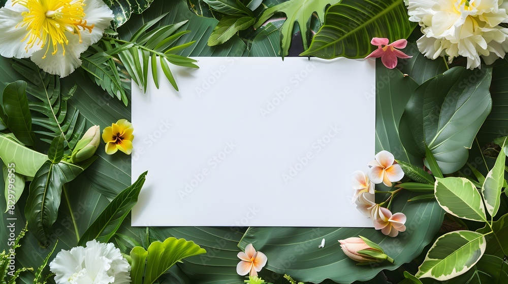 White paper on a nature backdrop with blooming flowers and various leaves with copy space for text White paper on a nature backdrop with blooming flowers and various leaves with copy space for text
