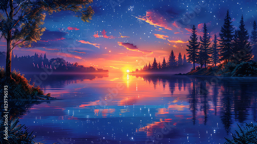 printable mural of a tranquil lake at twilight with still waters reflecting the colors of the sunset silhouetted trees lining the shore and the first stars twinkling in the night sky © Premium Resource