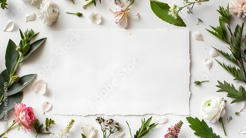 White blank paper with a nature background featuring flowers and leafy greens with copy space for text