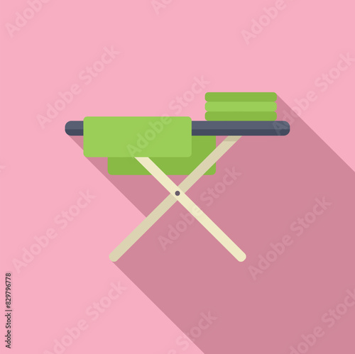 Cartoonstyle ironing board with folded shirts on a pink background