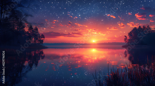 printable mural of a tranquil lake at twilight with still waters reflecting the colors of the sunset silhouetted trees lining the shore and the first stars twinkling in the night sky
