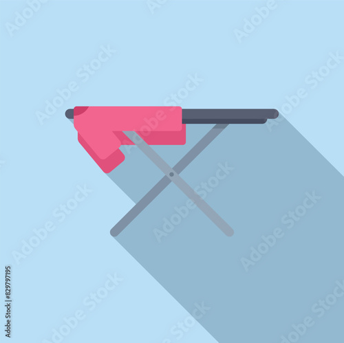 Flat design vector graphic of a modern pink iron resting on a minimalist ironing board with a cast shadow