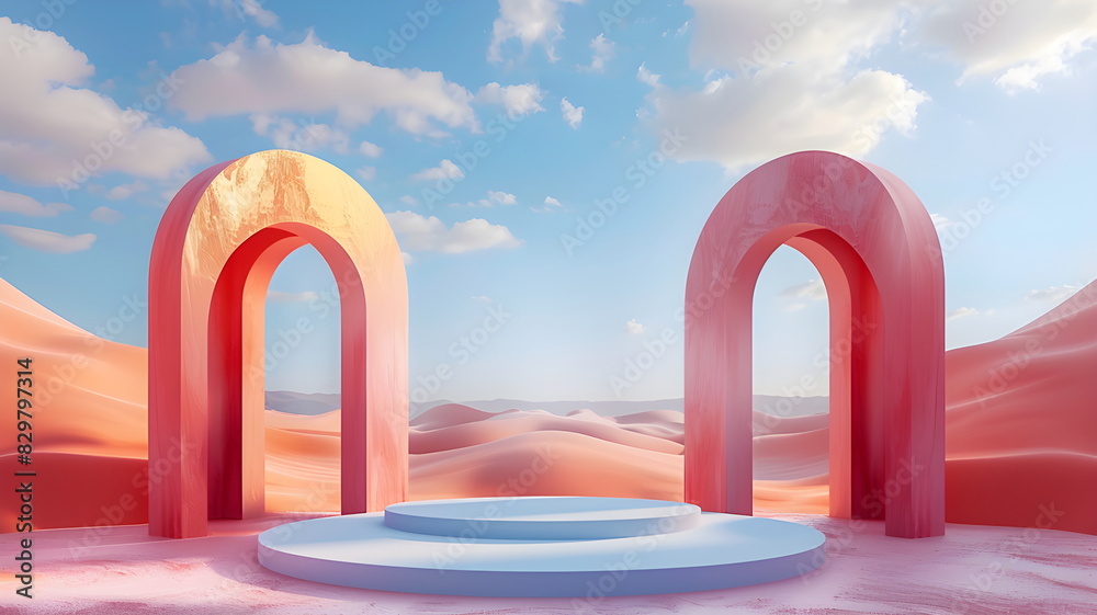 Fototapeta premium Abstract Surreal pastel landscape background with arches and podium for showing product
