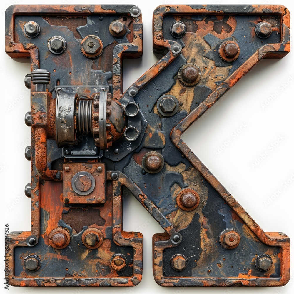 weather-worn metal letter K crafted from rusty bolts and aged metal pieces, embodying a sense of perseverance and strength through time. weather-worn metal letter K crafted from rusty bolts and aged metal pieces, embodying a sense of perseverance and strength through time.