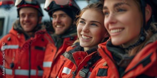 Paramedics in a group with various expressions laughing joking thoughtful tired determined. Concept Group of Paramedics, Expressions, Laughing, Joking, Thoughtful, Tired, Determined