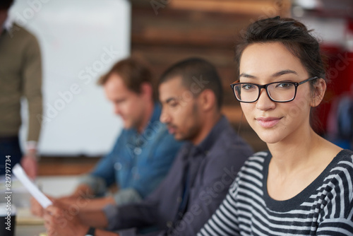 Portrait, woman and team in office for meeting or workshop in workplace as intern in company or business. Female person, group and smile with confident in career in human resources or recruitment