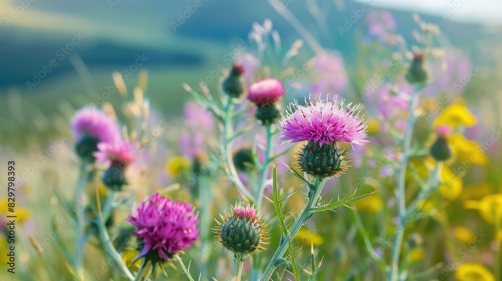 Symbol of Scotland Milk thistle plant an herbal remedy with thistle buds and blossoms in a summer meadow