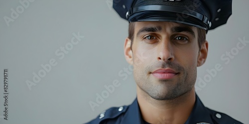 Closeup of male NYPD officer in uniform and hat standing alone on white background. Concept Police Officer, NYPD, Uniform, Portrait, White Background
