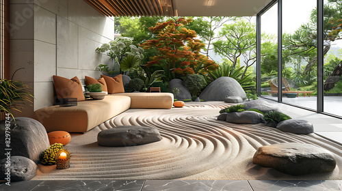 printable mural of a tranquil zen garden with raked sand smooth pebbles and minimalist landscaping evoking a sense of calm and tranquility in any space