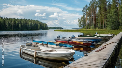 Moored to a pier at a Finnish camping site, motor boats, cutters, and small fishing rowing boats sit peacefully. The surrounding forest provides a stunning backdrop
