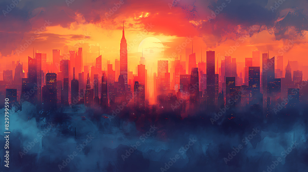 printable mural showcasing a dynamic cityscape at dawn with skyscrapers silhouetted against the rising sun bustling streets coming to life and a soft glow enveloping the urban landscape
