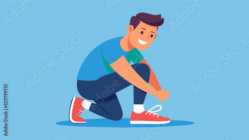 Lacing up his running shoes the man smiles with determination as he prepares for his daily workout knowing the positive impact it has on his mental and physical health.. Vector illustration