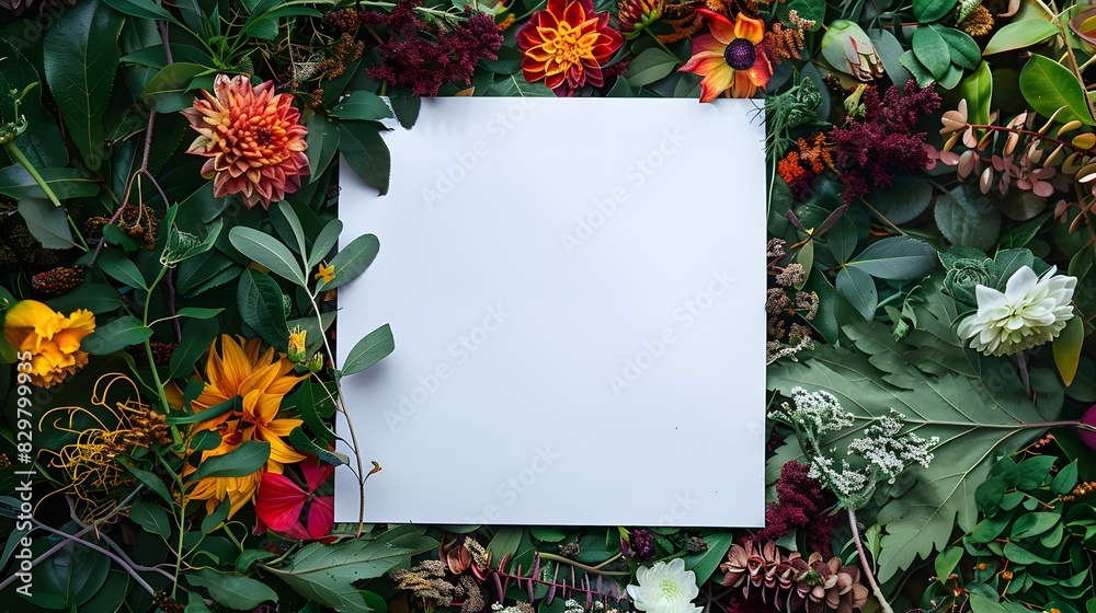 Blank white sheet on a nature background with colorful flowers and foliage with copy space for text Blank white sheet on a nature background with colorful flowers and foliage with copy space for text