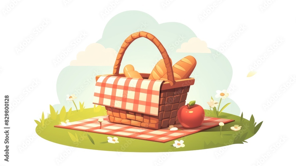A charming and whimsical wooden picnic basket icon presented in a cartoonish and flat design perfect for web use and set against a clean white backdrop A charming and whimsical wooden picnic basket icon presented in a cartoonish and flat design perfect for web use and set against a clean white backdrop