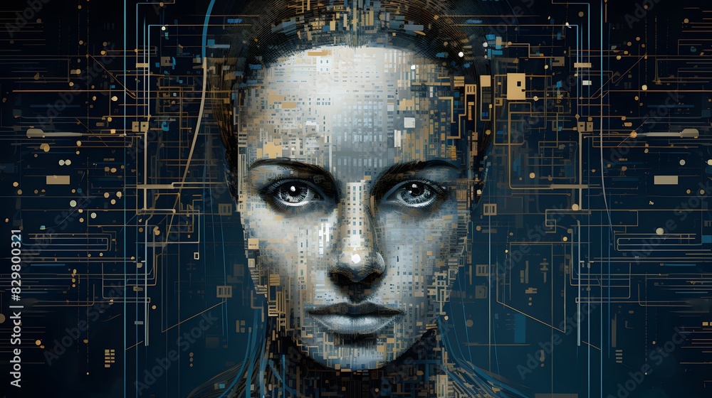 Beautiful futuristic woman's face in the digital background. Generative AI. Beautiful futuristic woman's face in the digital background. Generative AI.