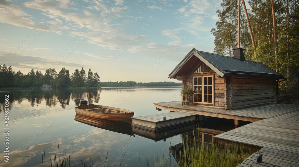 Fototapeta premium Overlooking a serene lake, a traditional Finnish sauna cottage made of wood invites relaxation. The pier, complete with a fishing boat, and the surrounding summer landscape enhance 