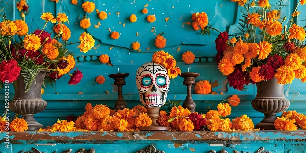 Colorful Day of the Dead altar with marigolds and sugar skull makeup. Concept Day of the Dead Celebration, Colorful Altar, Marigold Flowers, Sugar Skull Makeup, Festive Decorations Colorful Day of the Dead altar with marigolds and sugar skull makeup. Concept Day of the Dead Celebration, Colorful Altar, Marigold Flowers, Sugar Skull Makeup, Festive Decorations