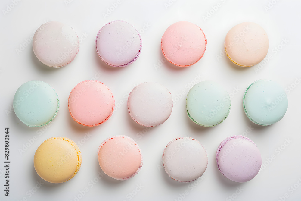 A photo of pastel-colored macarons arranged on a white background. A photo of pastel-colored macarons arranged on a white background.