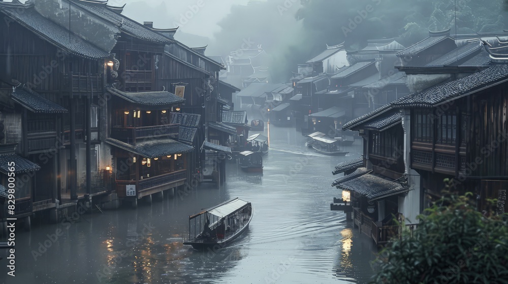 Obraz premium Overlooking the picturesque scene, wooden houses of Chinese ancient architecture stand tall along a meandering street. Boats are parked at their sides, and the misty raindrops create a dreamy