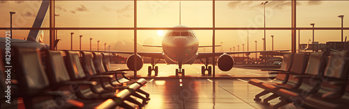 Airplane waiting for departure in airport terminal blurred horizontal background with place for text boarding gate 