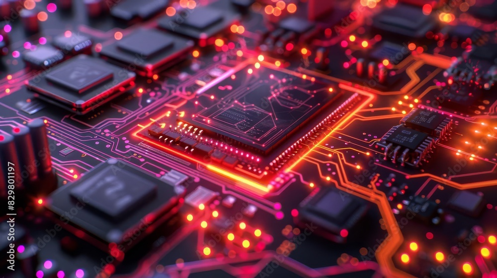 Hightech 3D diagram of semiconductor technology, glowing holographic pathways, futuristic, neon accents Hightech 3D diagram of semiconductor technology, glowing holographic pathways, futuristic, neon accents