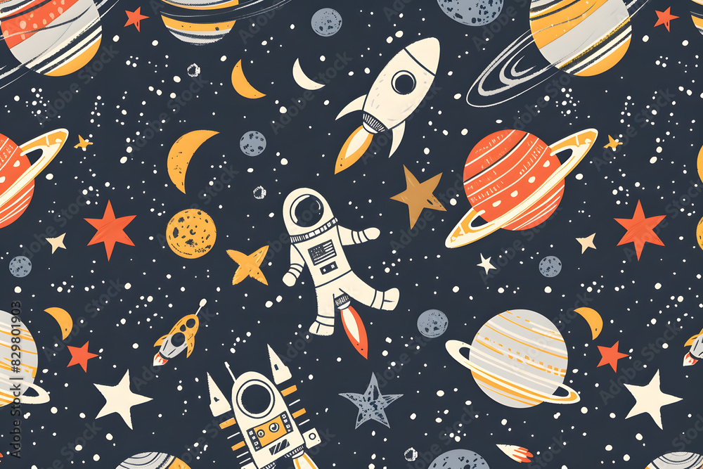 Cartoon style pattern featuring space themed elements such as rockets, planets and stars on a dark blue background, Cartoon style pattern featuring space themed elements such as rockets, planets and stars on a dark blue background,