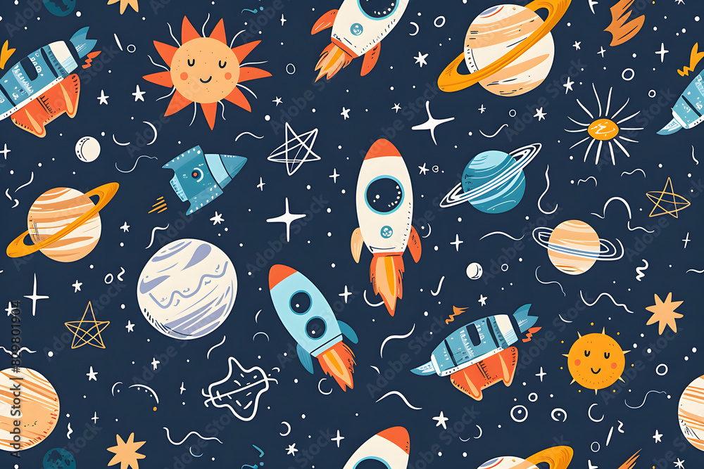 Cartoon style pattern featuring space themed elements such as rockets, planets and stars on a dark blue background,