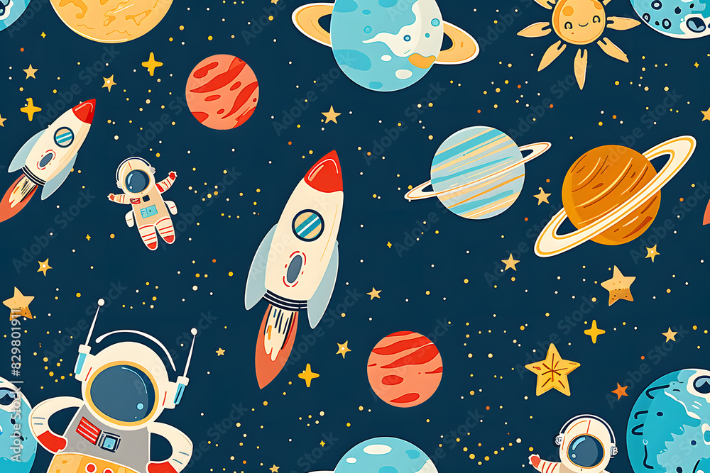 Cartoon style pattern featuring space themed elements such as rockets, planets and stars on a dark blue background,