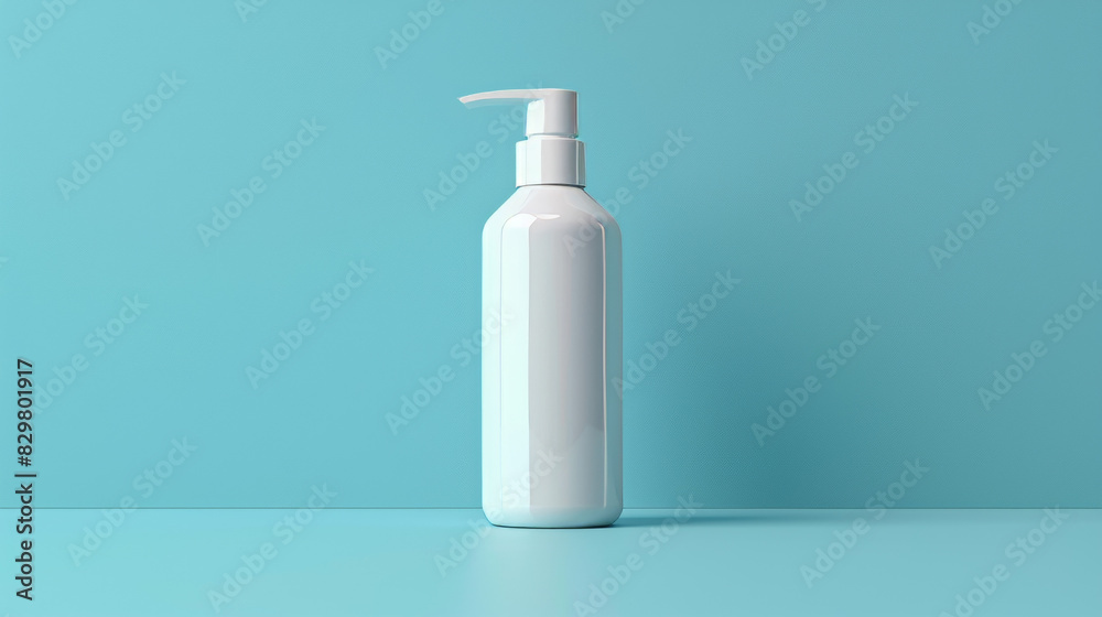 A white bottle of lotion sits on a blue wall A white bottle of lotion sits on a blue wall