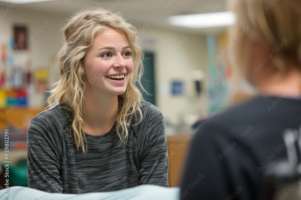 Young Woman Smiling and Conversing Indoors Young Woman Smiling and Conversing Indoors