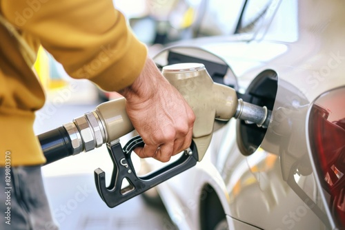 At a gas station, a person in a yellow jacket is fueling up a car using a fuel nozzle