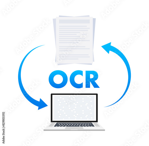 OCR - Optical character recognition. Document scan. Process of recognizing document. Vector stock illustration