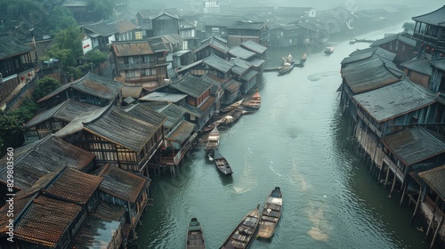 The aerial perspective highlights the traditional wooden houses and parked boats along a riverbank in an old Chinese town. The misty rain lends an otherworldly feel to the winding streets.