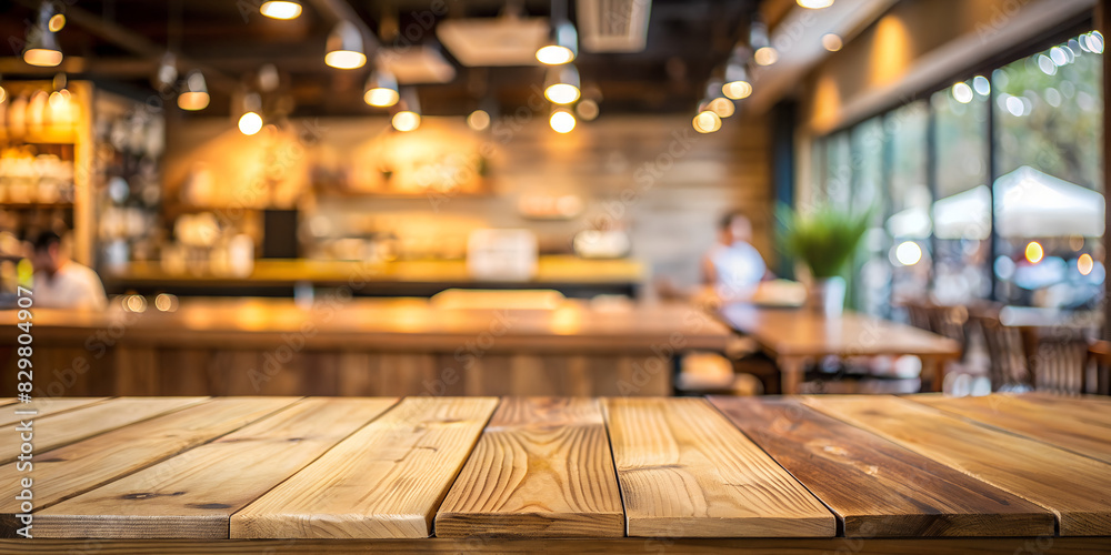 Wooden table blurred cafe background Wooden table blurred cafe background