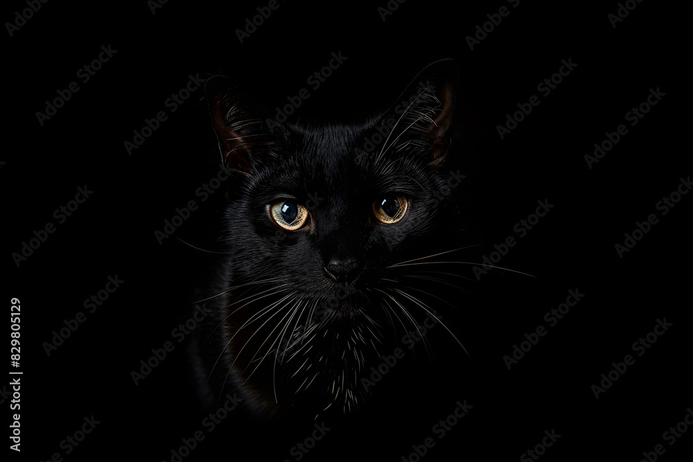 The image features a black cat in the center, with the camera sharply focusing on the cat's face. The image features a black cat in the center, with the camera sharply focusing on the cat's face.
