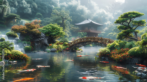 printable mural showcasing a tranquil Japanese garden with meticulously manicured landscapes serene koi ponds and elegant wooden bridges capturing the beauty and harmony of traditional Japanese design