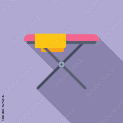 Graphic design of a yellow towel draped over a pink ironing board with shadow, on a purple background