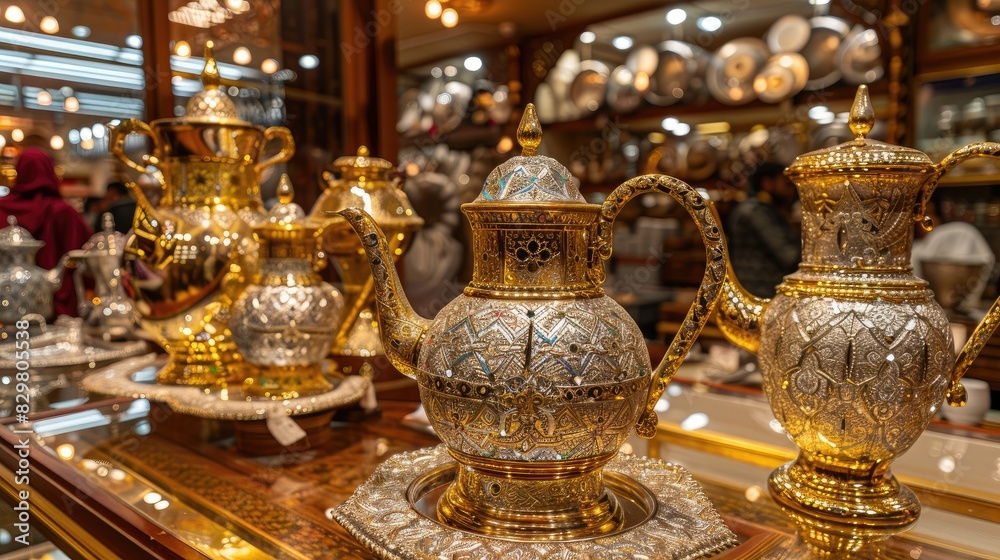 gold coffee pots and tea sets catch the eye at the bustling street market, offering a touch of luxury and elegance to discerning shoppers.