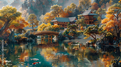 printable mural showcasing a tranquil Japanese garden with meticulously manicured landscapes serene koi ponds and elegant wooden bridges capturing the beauty and harmony of traditional Japanese design photo