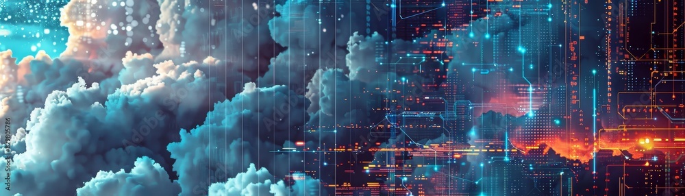 Futuristic digital cityscape merging with majestic clouds, blending technology and nature in a vibrant, surreal landscape. Futuristic digital cityscape merging with majestic clouds, blending technology and nature in a vibrant, surreal landscape.