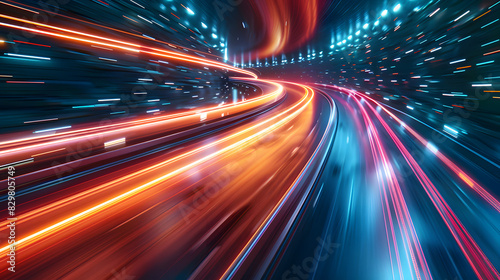 High speed light trails in motion  glow lines  internet data transfer concept