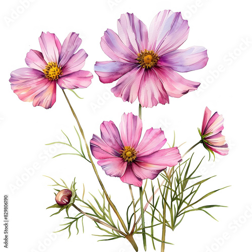 Cosmos flower watercolor painting on white background