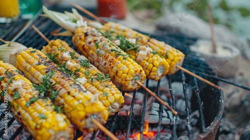 A macro shot of corn on a skewer grilled on an open