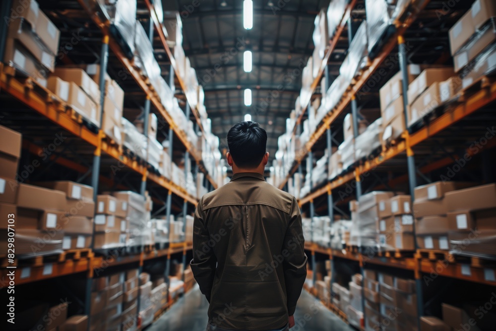 Big warehouse with rows of shelves with full of ware, worker in the middle Big warehouse with rows of shelves with full of ware, worker in the middle